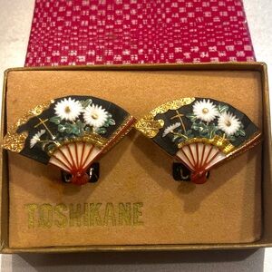Toshikane Vintage Porcelain Fan Clip-on Earrings Chrysanthemum Floral Design NIB